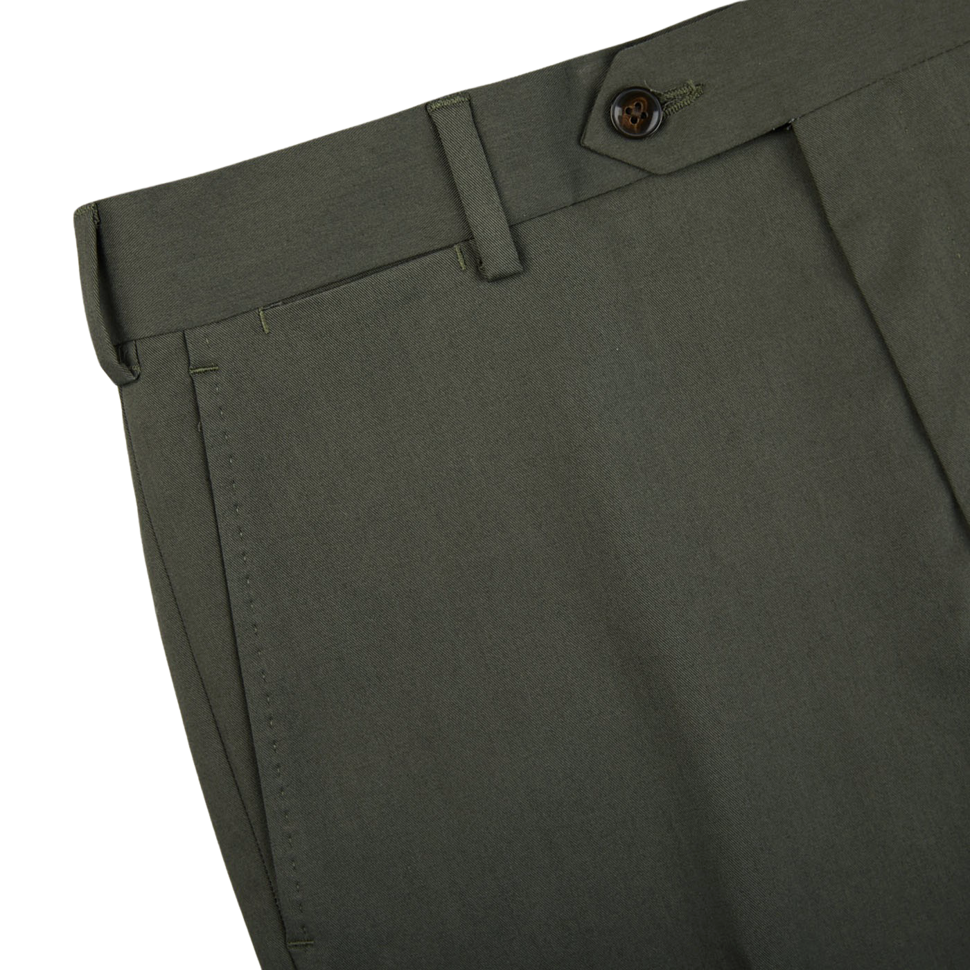 A close up view of Luigi Bianchi Dark Green Cotton Twill Flat Front Trousers.