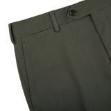 A close up view of Luigi Bianchi Dark Green Cotton Twill Flat Front Trousers.