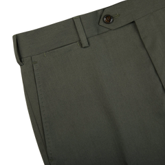 A close up view of Luigi Bianchi Dark Green Cotton Twill Flat Front Trousers.