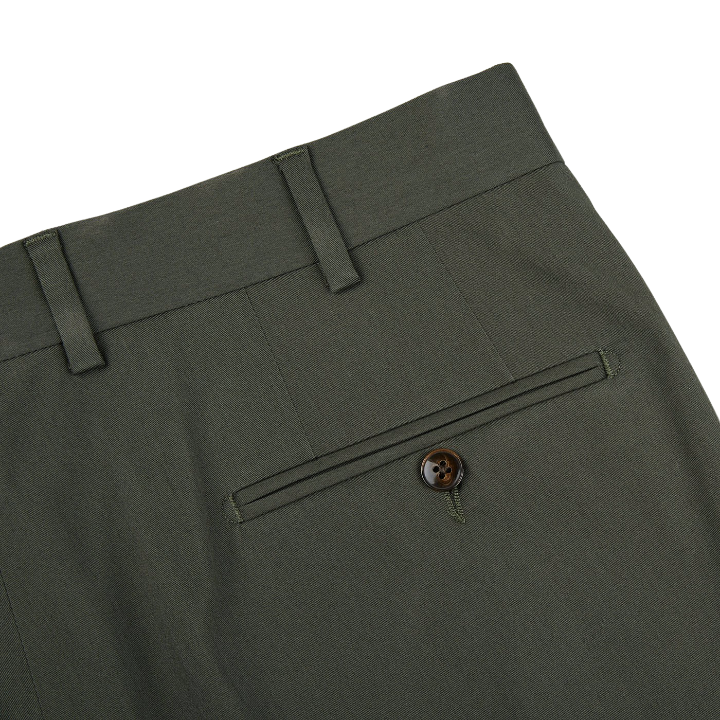 A pair of dark green Luigi Bianchi Dark Green Cotton Twill Flat Front Trousers with a button on the side.