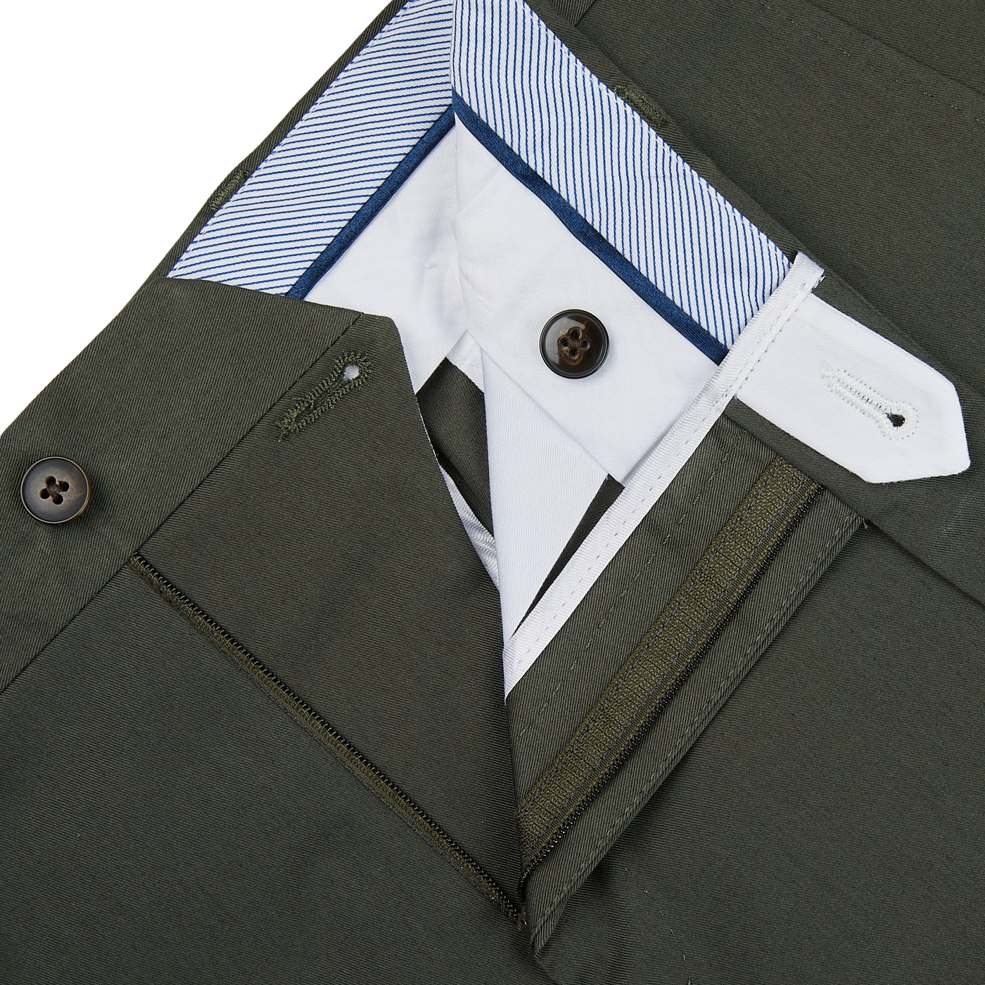 A close up of a pair of dark green Luigi Bianchi cotton twill flat front trousers.