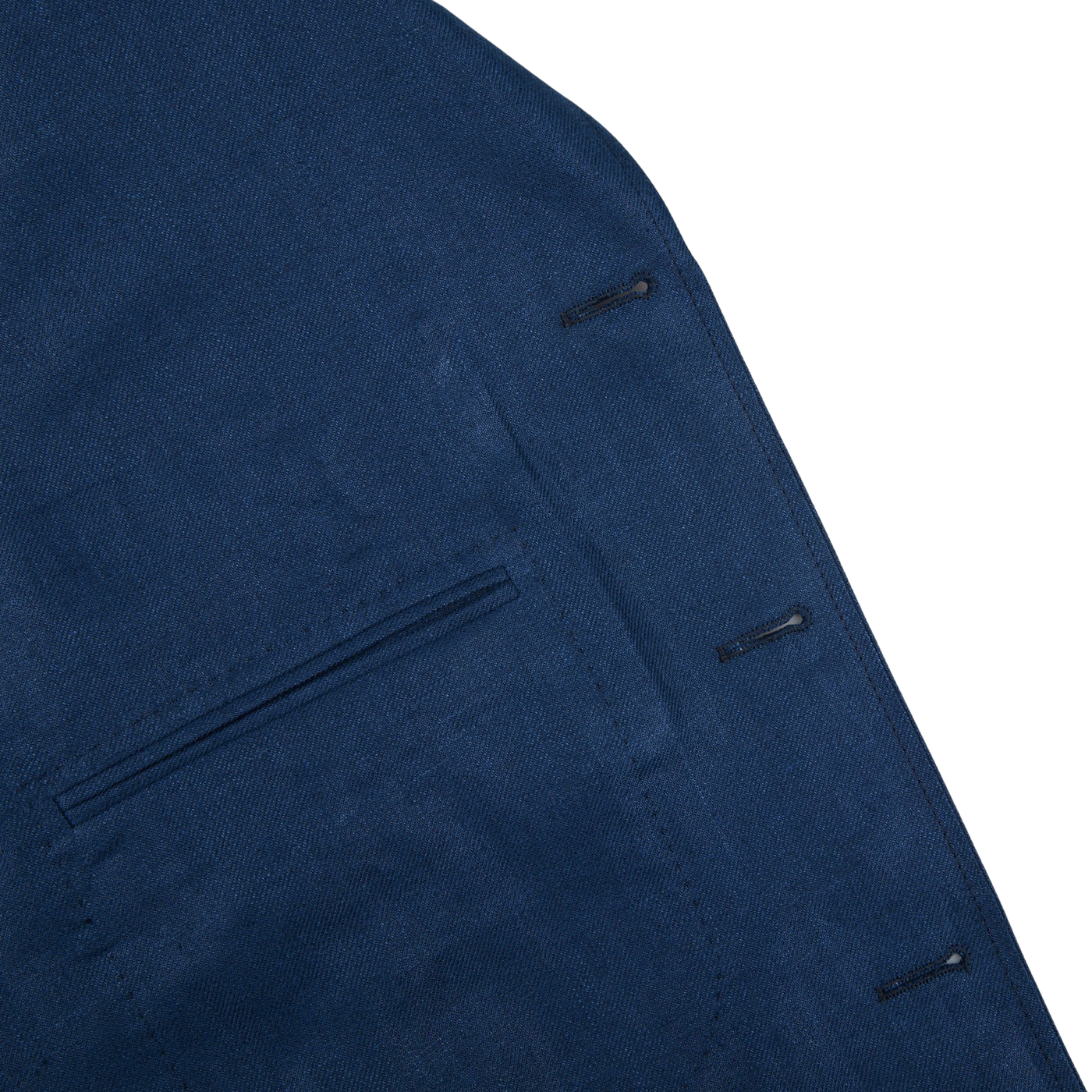 A close up of a Indigo Blue Linen Twill Field Jacket by Luigi Bianchi.