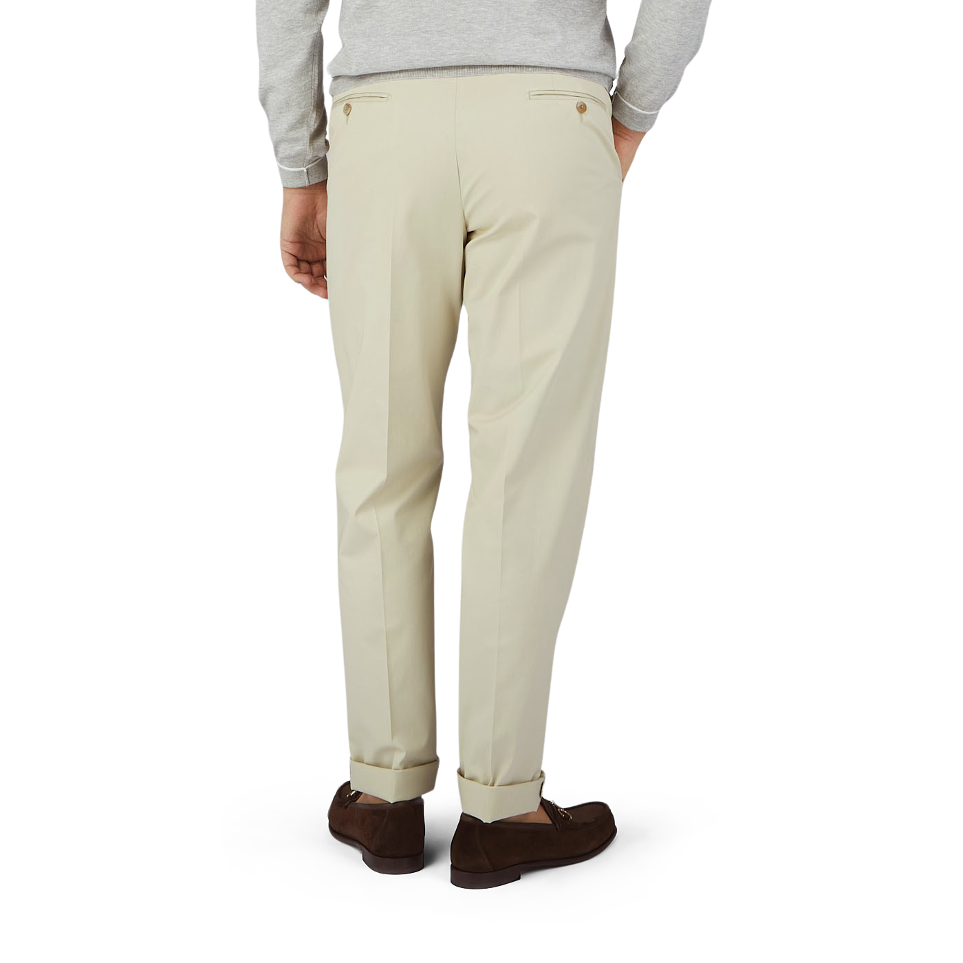 This is a man wearing Light Beige Cotton Twill Flat Front Trousers in a regular fit by Luigi Bianchi.