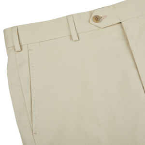 A close up of Luigi Bianchi Light Beige Cotton Twill Flat Front Trousers.
