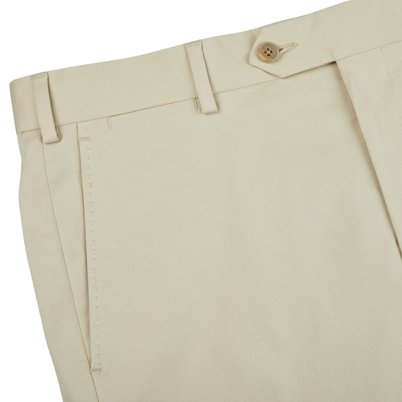A close up of Luigi Bianchi Light Beige Cotton Twill Flat Front Trousers.