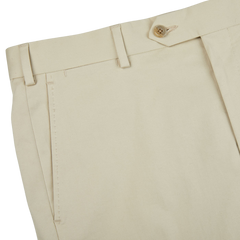 A close up of Luigi Bianchi Light Beige Cotton Twill Flat Front Trousers.