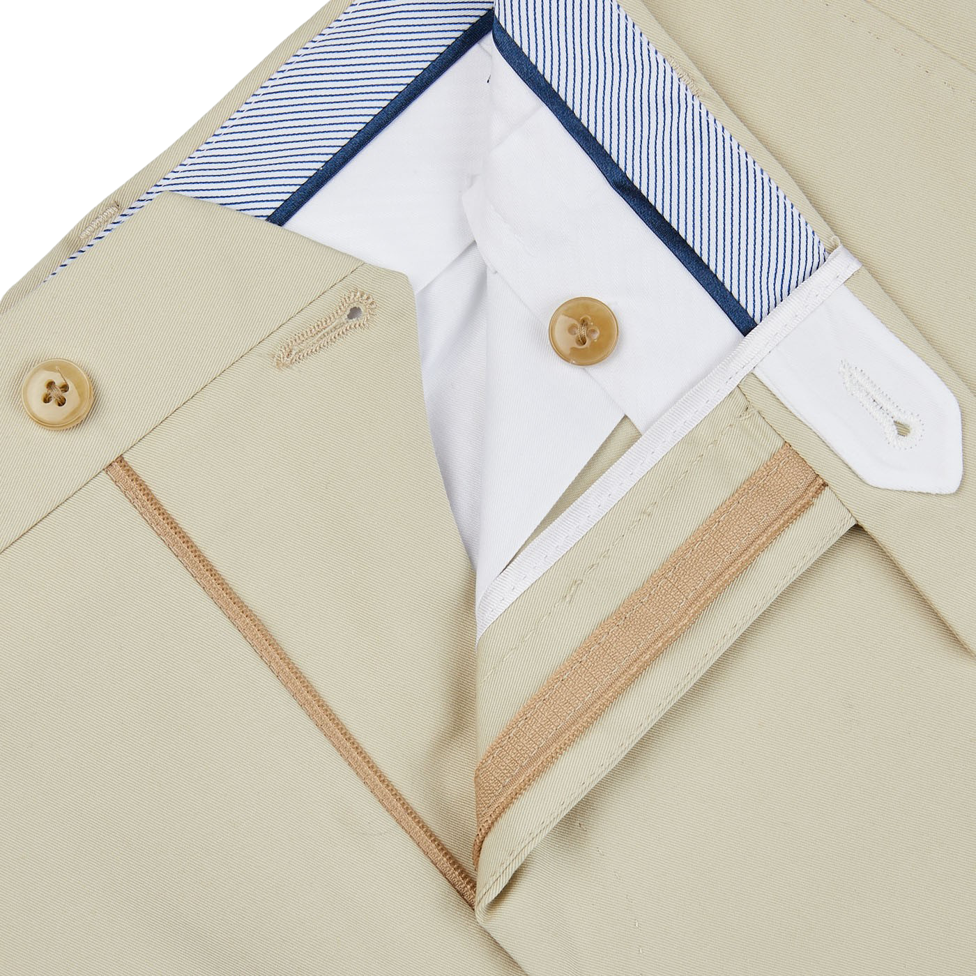 A close up view of a pair of Light Beige Cotton Twill Flat Front Trousers with blue and white stripes, made by Luigi Bianchi, in regular fit.