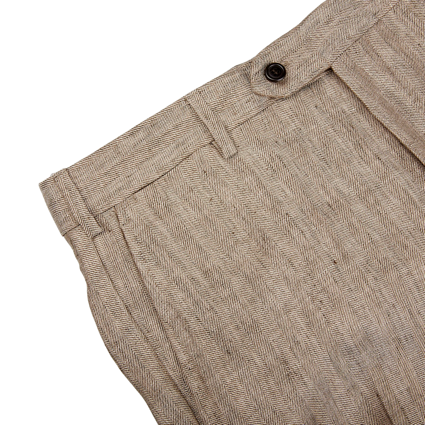 A close up of a Luigi Bianchi Light Brown Herringbone Linen Suit trouser.
