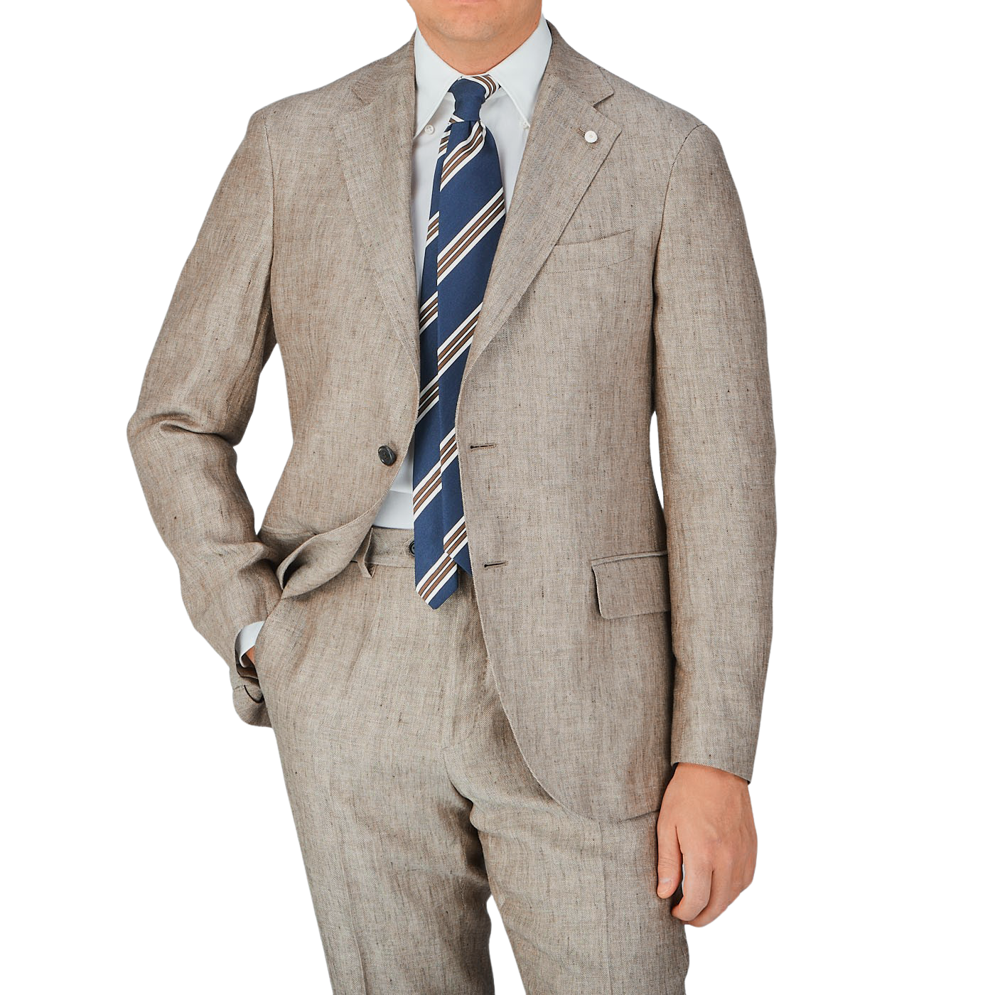 An expert tailor dressed in a Luigi Bianchi Light Brown Herringbone Linen Suit with a blue tie.