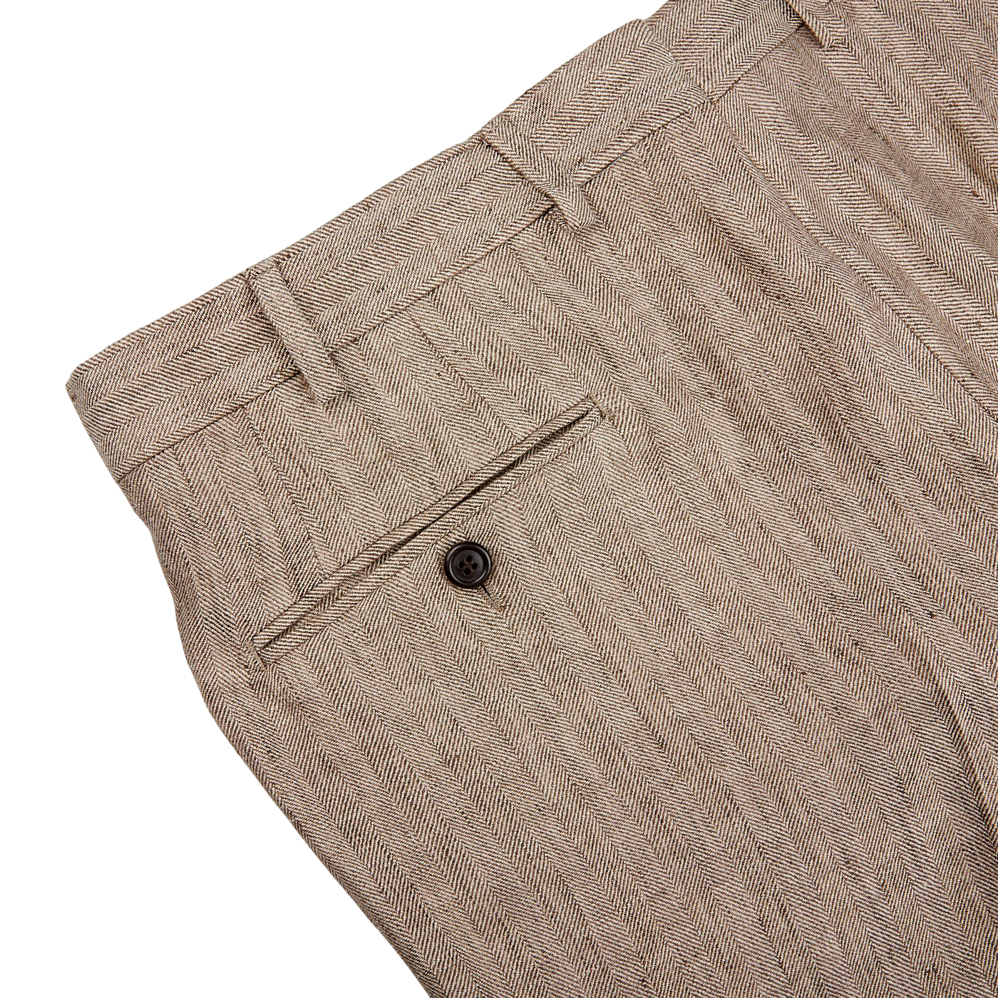 A close up of Luigi Bianchi's Light Brown Herringbone Linen Suit pants.