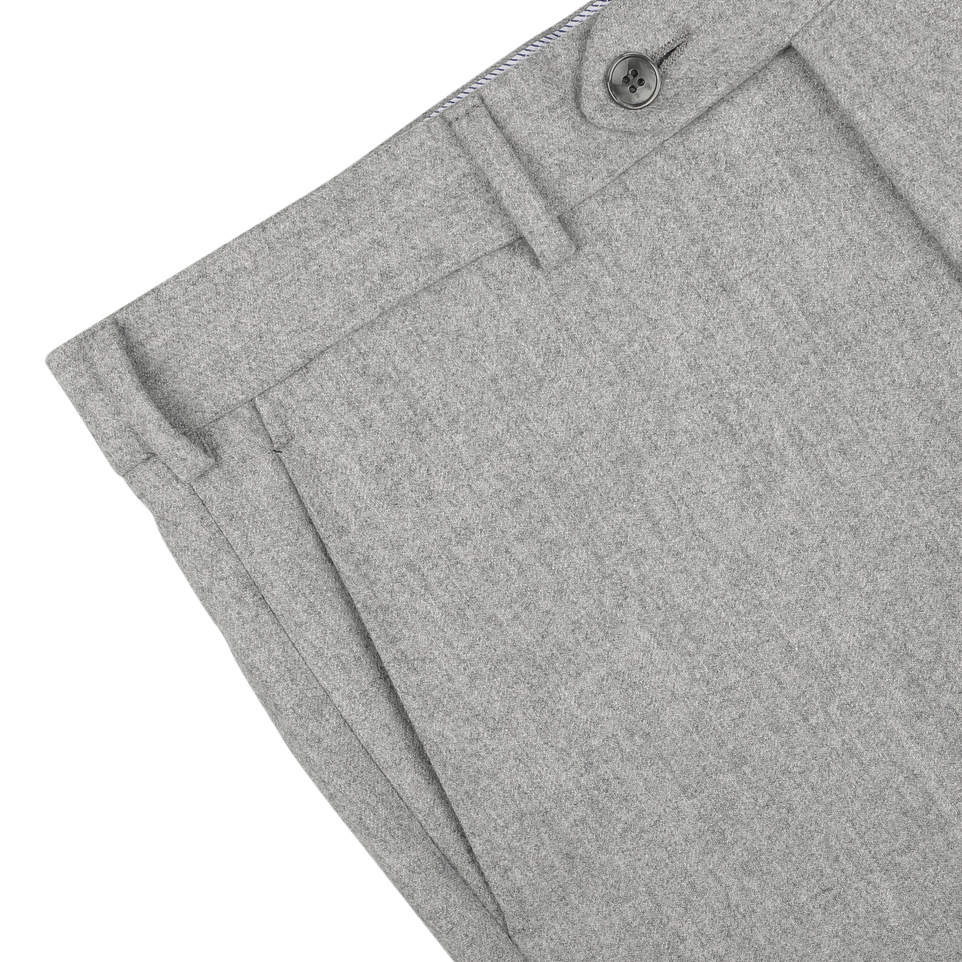 Close-up of the Light Grey Wool Flannel Flat Front Trousers by Luigi Bianchi, highlighting the waistband, belt loop, and a single button closure.