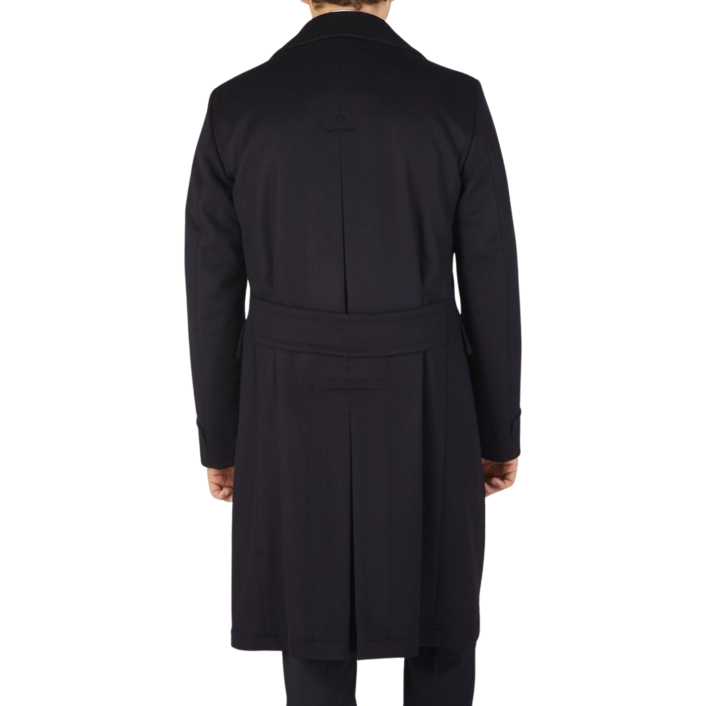 The back view of a man wearing a Luigi Bianchi navy blue wool cashmere dream polo coat.