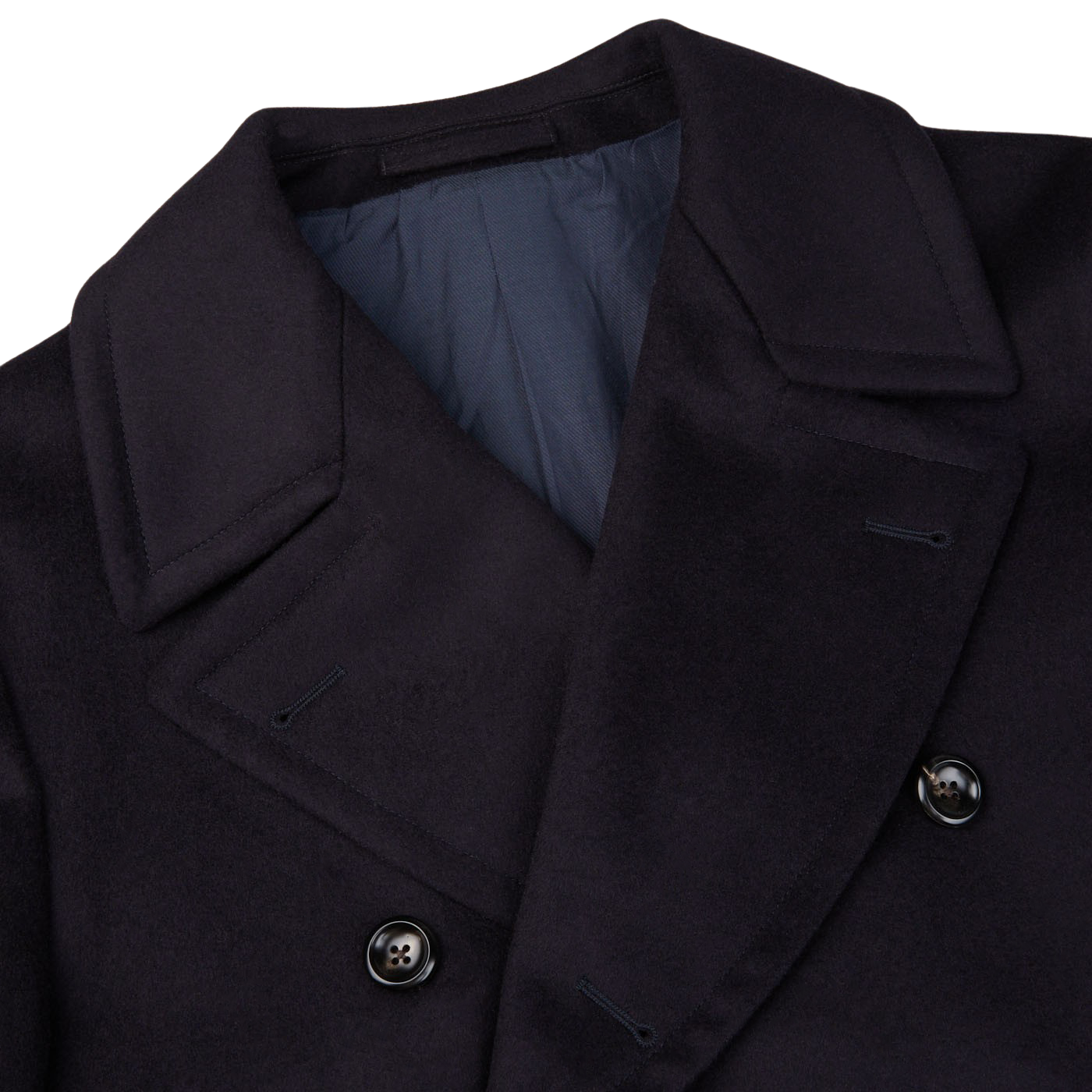 A close up of a Luigi Bianchi Navy Blue Wool Cashmere Dream Polo Coat.