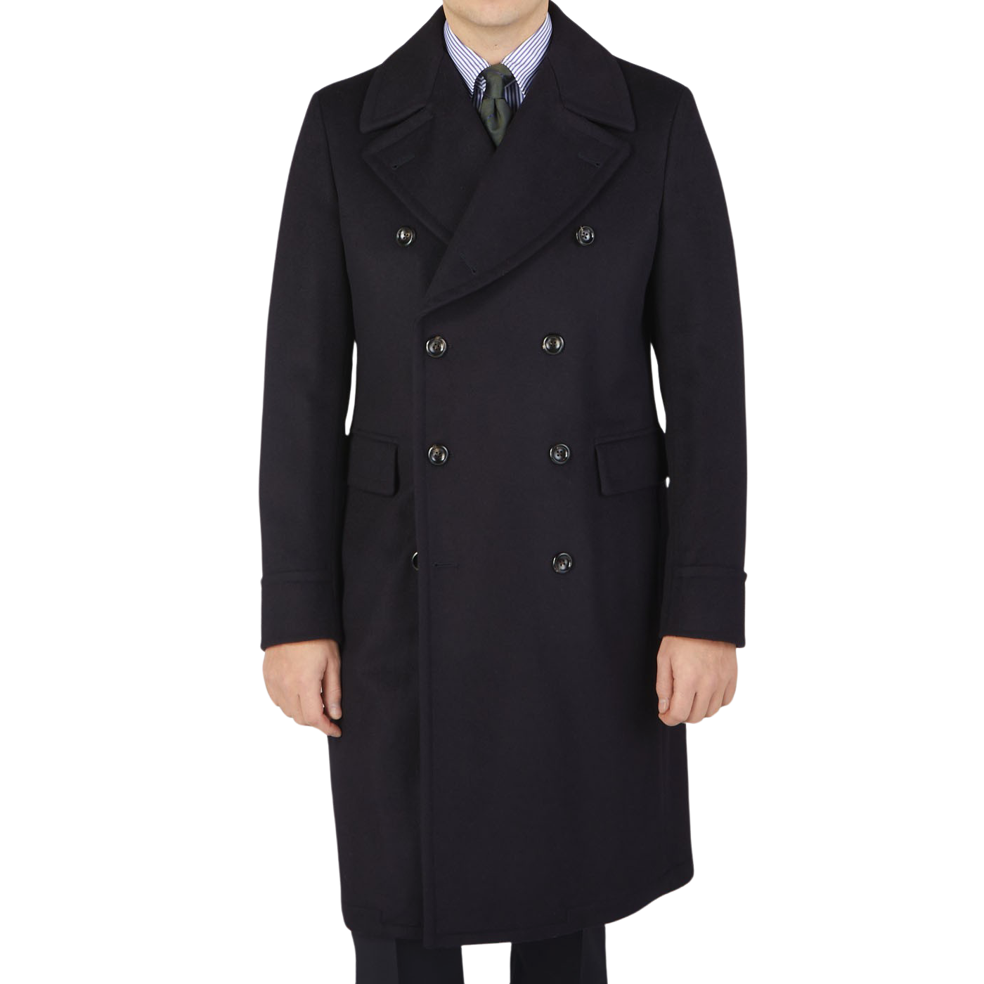 The man is wearing a Luigi Bianchi navy blue wool cashmere dream polo coat.