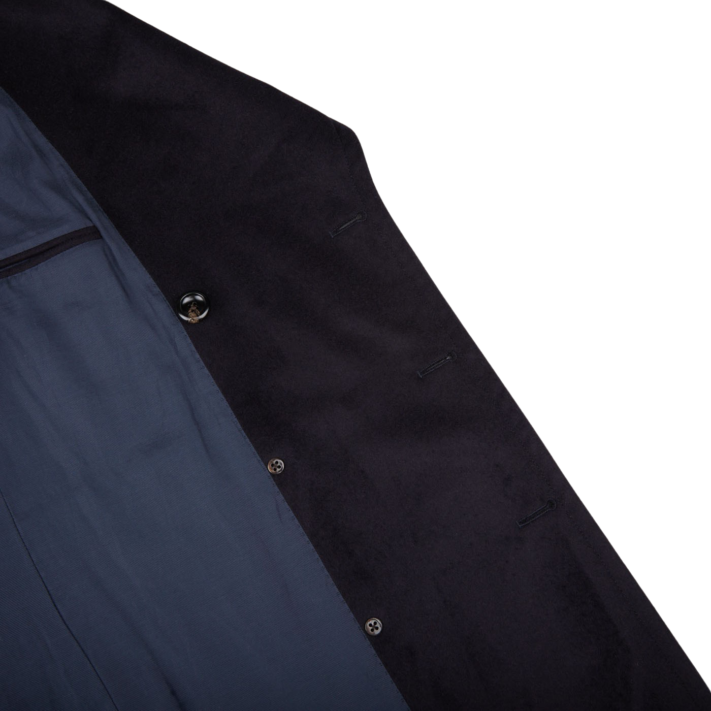 A close up of a Luigi Bianchi navy blue double-breasted Navy Blue Wool Cashmere Dream Polo Coat made of wool-cashmere.