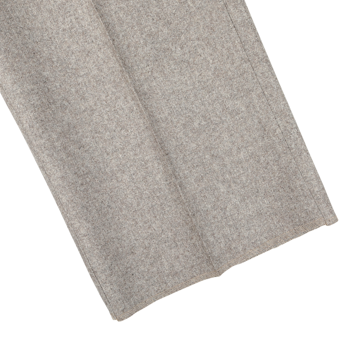 Close-up of the lower part of an Oatmeal Beige Wool Flannel Flat Front trouser leg by Luigi Bianchi, reminiscent of classic Luigi Bianchi trousers, against a white background.