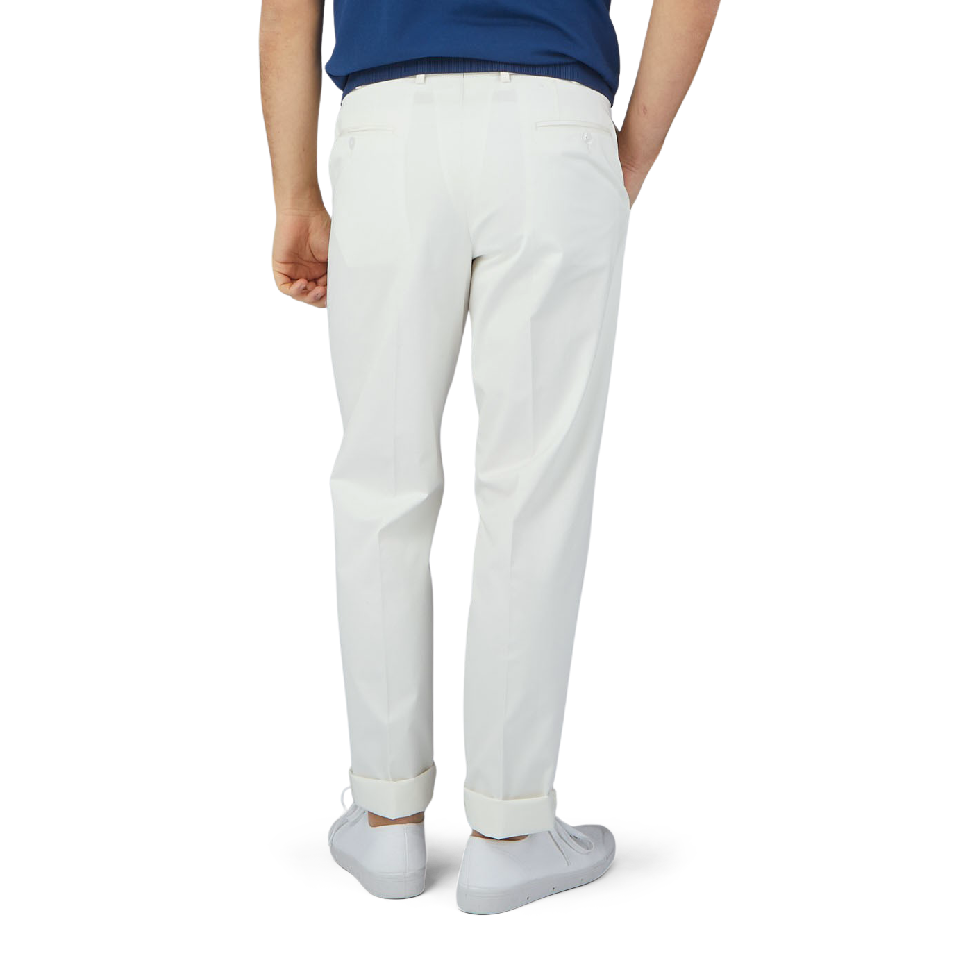 The man is wearing Luigi Bianchi Off-White Cotton Twill Flat Front Trousers and a blue cotton twill shirt.