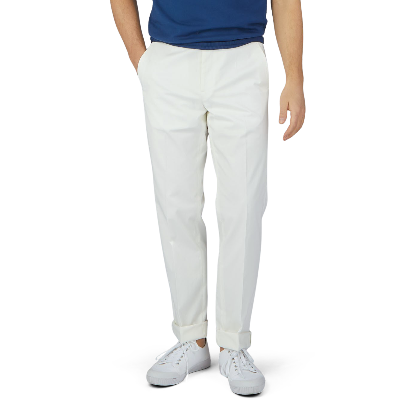 A man in a blue shirt and Luigi Bianchi Off-White Cotton Twill Flat Front Trousers.