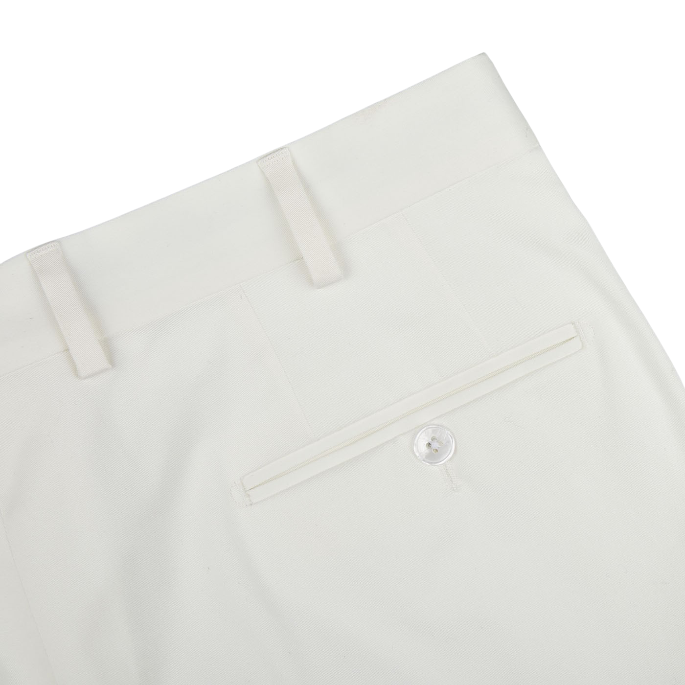 Luigi Bianchi Off-White Cotton Twill Flat Front Trousers featuring a convenient pocket on the side.