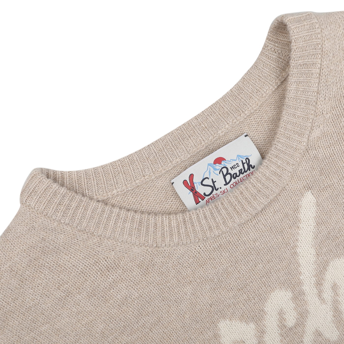 The Beige Wool Cashmere Courchevel Sweater from MC2 Saint Barth exudes luxury and is ideal for evening relaxation at ski resorts like Courchevel. The label inside the collar enhances the sophistication of this cozy piece from the exclusive Après Ski Collection.