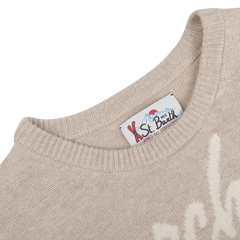 The Beige Wool Cashmere Courchevel Sweater from MC2 Saint Barth exudes luxury and is ideal for evening relaxation at ski resorts like Courchevel. The label inside the collar enhances the sophistication of this cozy piece from the exclusive Après Ski Collection.