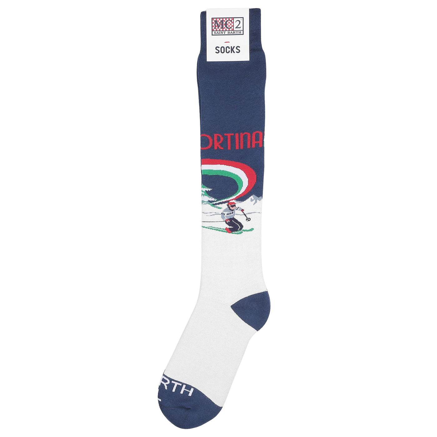 The Blue Cotton Cortina Print Socks by MC2 Saint Barth are warm knee-high socks made from a cozy cotton blend, showcasing a blue Cortina print and skiing design. They elegantly combine style and comfort, embodying the MC2 Saint Barth aesthetic, making them an ideal winter accessory.