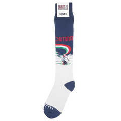 The Blue Cotton Cortina Print Socks by MC2 Saint Barth are warm knee-high socks made from a cozy cotton blend, showcasing a blue Cortina print and skiing design. They elegantly combine style and comfort, embodying the MC2 Saint Barth aesthetic, making them an ideal winter accessory.