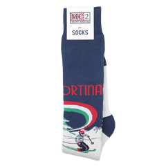 The Blue Cotton Cortina Print Socks by MC2 Saint Barth are made from a warm cotton blend, featuring a skiing design and are thoughtfully packaged with a brand label.