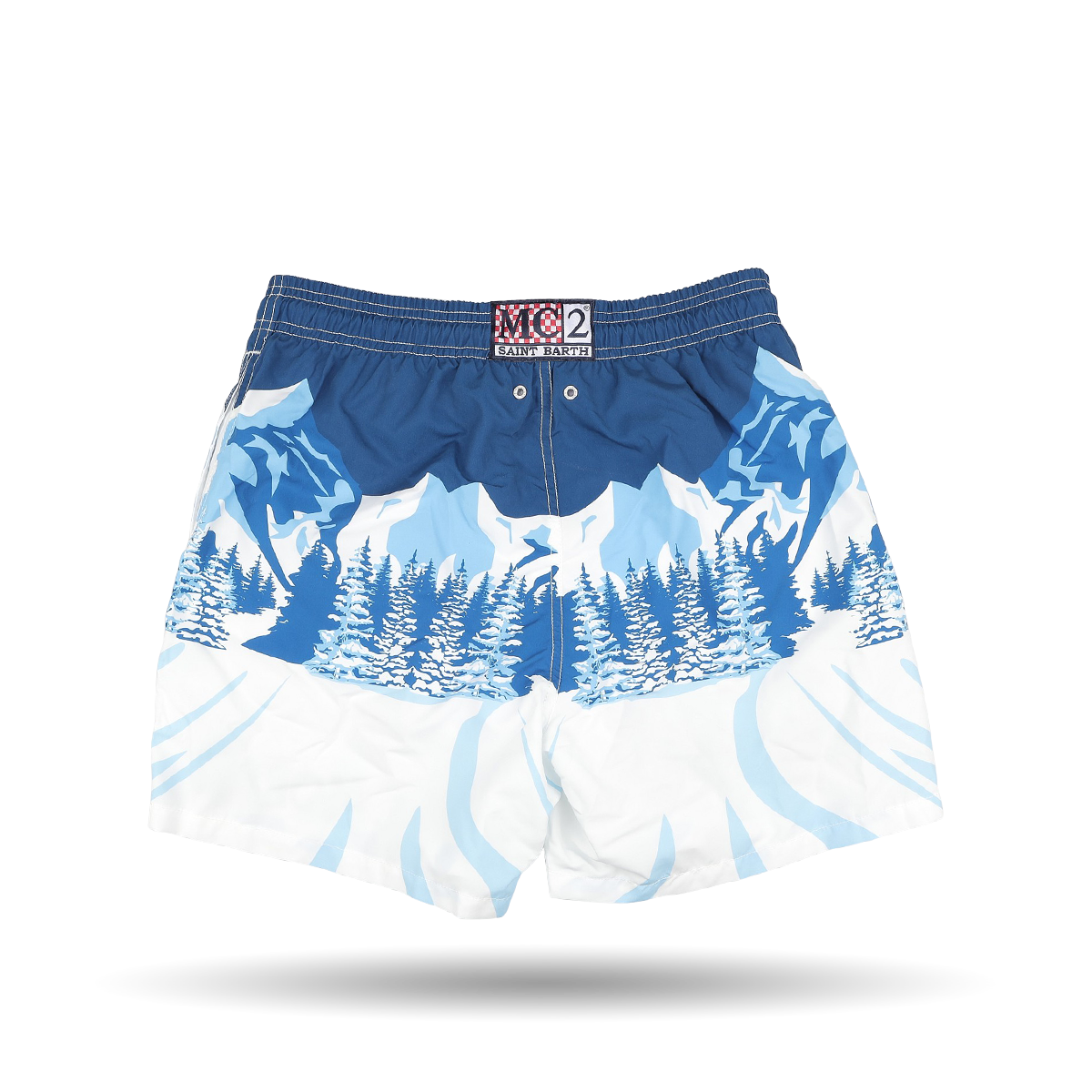 The Blue St. Moritz Printed Swim Shorts by MC2 Saint Barth boast a stylish mountain and forest design set against a plain background, echoing the serene beauty of St. Moritz, and are made from quick-drying fabric for ultimate comfort.