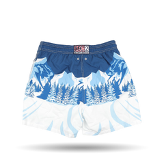 The Blue St. Moritz Printed Swim Shorts by MC2 Saint Barth boast a stylish mountain and forest design set against a plain background, echoing the serene beauty of St. Moritz, and are made from quick-drying fabric for ultimate comfort.