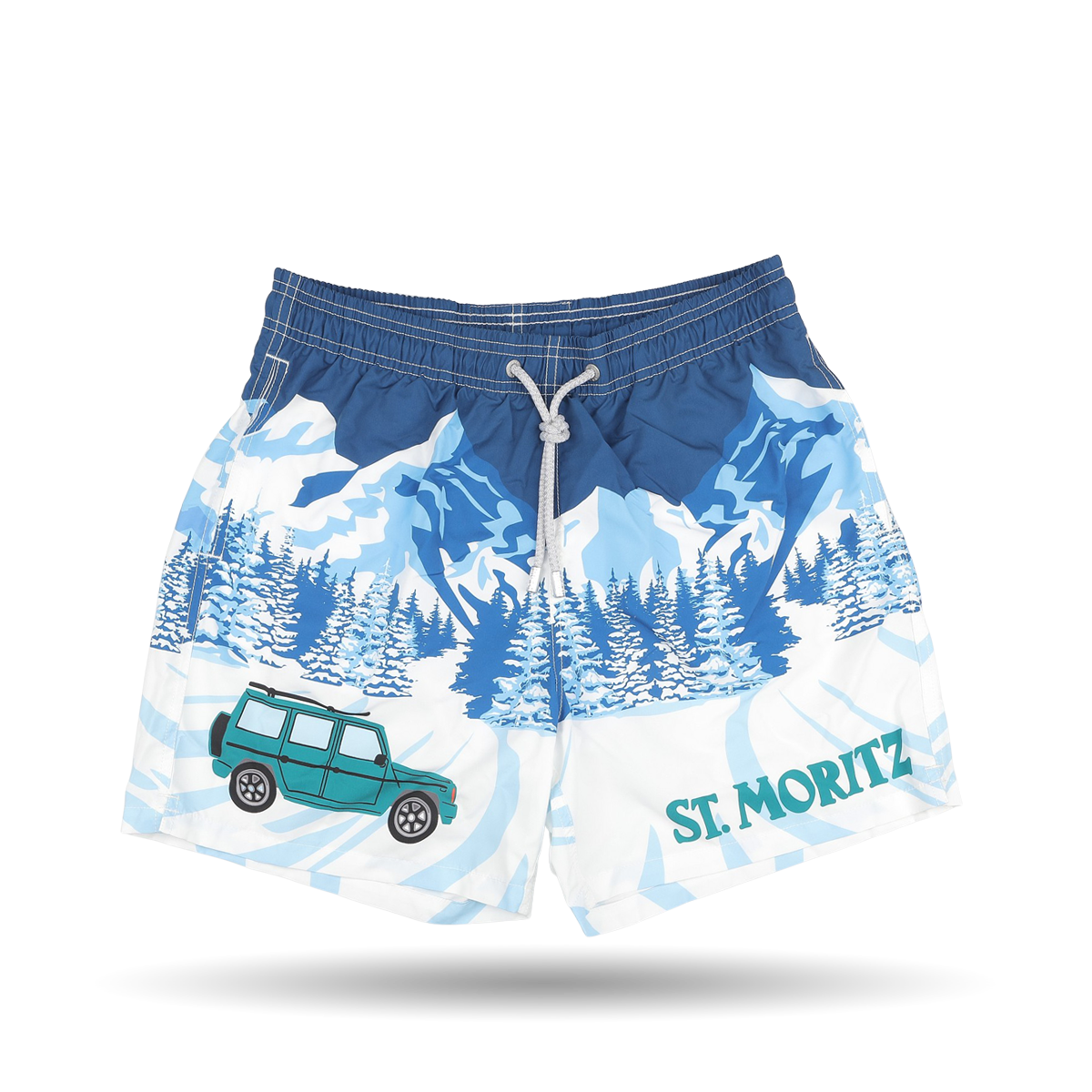 The Blue St. Moritz Printed Swim Shorts by MC2 Saint Barth showcase a mountain and forest design in blue and white, accented with a green SUV and "St. Moritz" printed on the right leg, making them ideal for your next adventure.