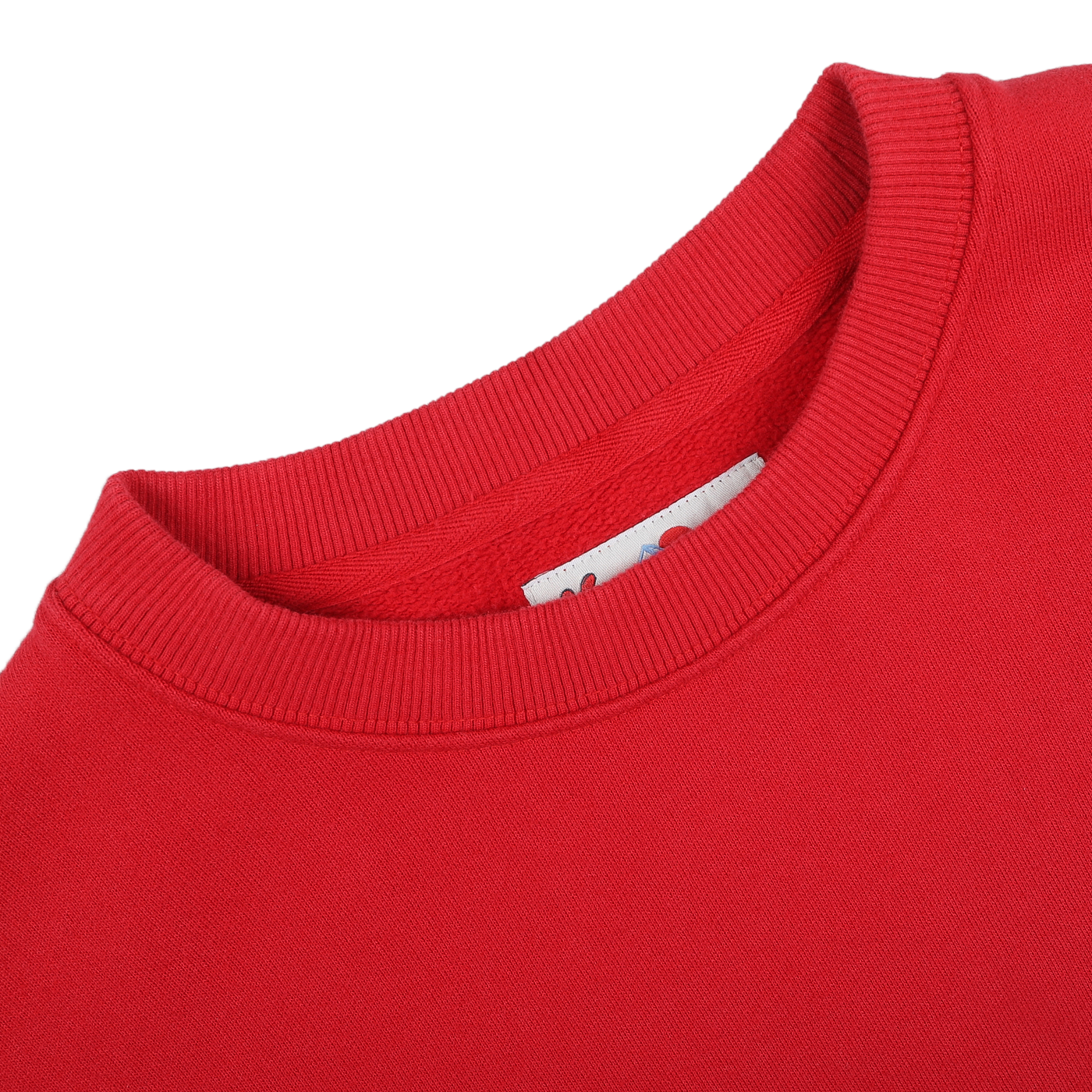 Close-up of the MC2 Saint Barth Bright Red Cotton Courchevel Sweater's neckline on a gray background, highlighting ribbed detailing and a small visible tag inside, evoking cozy evenings at après-ski in Courchevel.