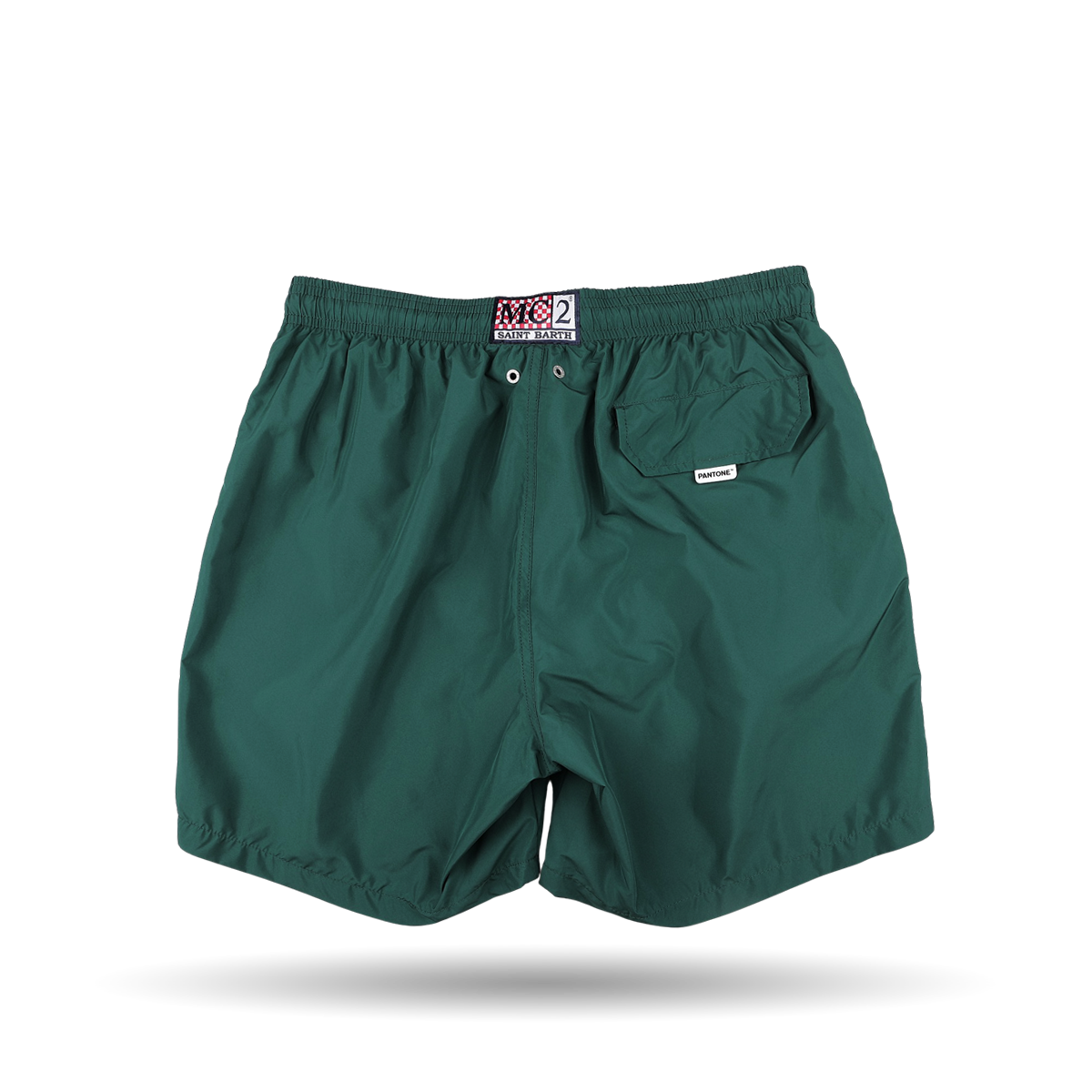 The MC2 Saint Barth British Green Pantone 18-5315 Swim Shorts offer a comfortable elastic waistband and a convenient back pocket, made from quick-drying fabric.