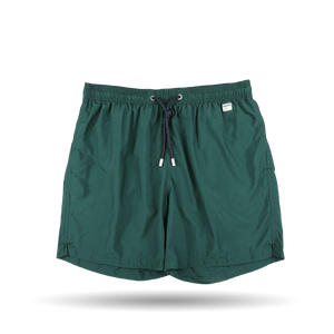 The MC2 Saint Barth British Green Pantone 18-5315 swim shorts feature a quick-drying fabric with an elastic waistband and a small logo tag on the left side, making them perfect for active days at the beach.