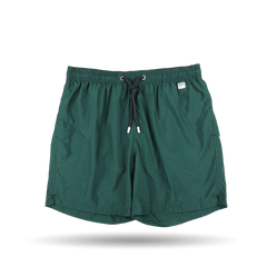 The MC2 Saint Barth British Green Pantone 18-5315 swim shorts feature a quick-drying fabric with an elastic waistband and a small logo tag on the left side, making them perfect for active days at the beach.