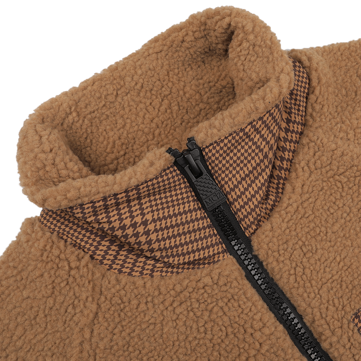 Close-up of the MC2 Saint Barth Camel Beige Sherpa Fleece Jacket, highlighting houndstooth details on the collar and a sleek black zipper.