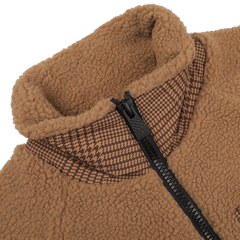 Close-up of the MC2 Saint Barth Camel Beige Sherpa Fleece Jacket, highlighting houndstooth details on the collar and a sleek black zipper.