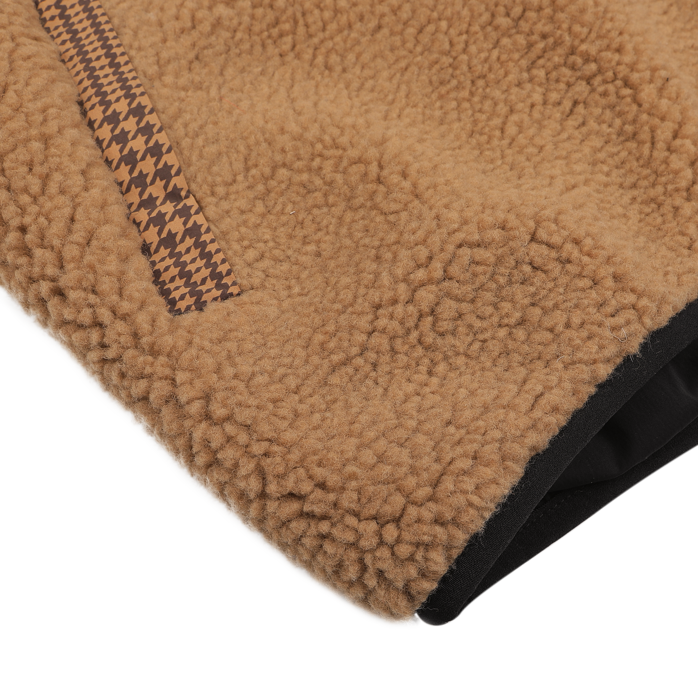 Close-up of the MC2 Saint Barth Camel Beige Sherpa Fleece Jacket with houndstooth patterned trim on a white background.