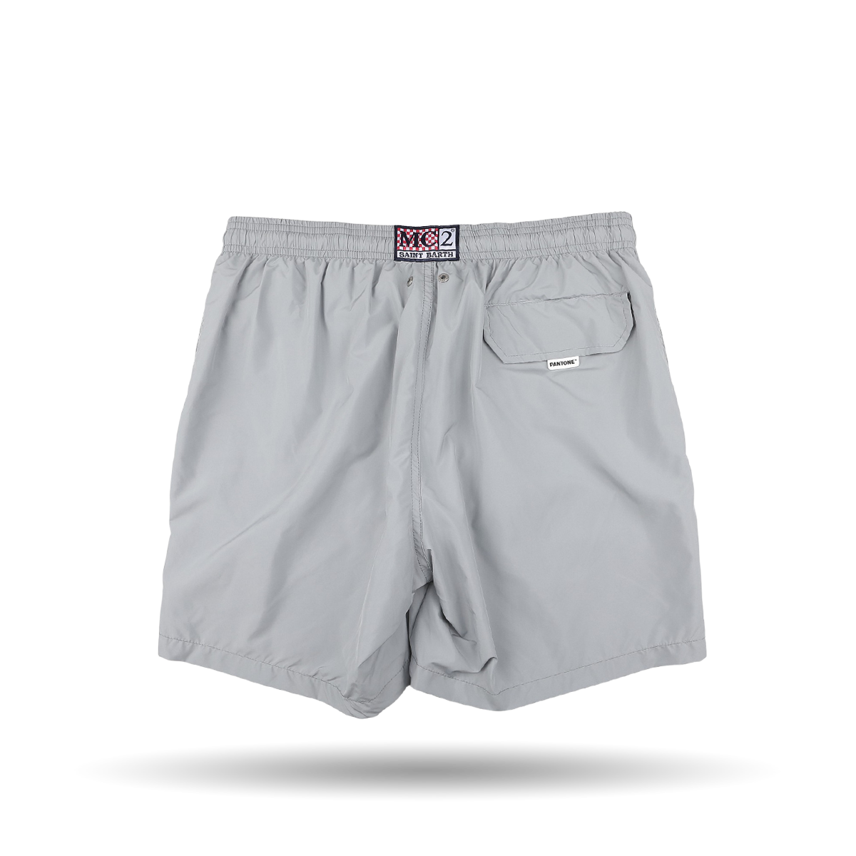 Introducing the Light Grey Pantone 15-4307 Swim Shorts by MC2 Saint Barth, featuring an elastic waistband, button closure, and a back pocket with a stylish tag above it. Crafted from quick-drying fabric, this piece is a testament to the Pantone collaboration that seamlessly blends function and style.