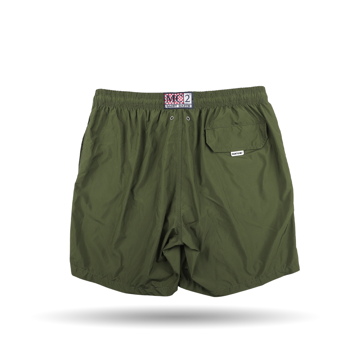 The Military Green Pantone 18-0316 Swim Shorts by MC2 Saint Barth feature quick-drying fabric, an elastic waistband with a contrasting drawstring, a rear pocket, and a small logo label above the pocket.