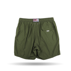 The Military Green Pantone 18-0316 Swim Shorts by MC2 Saint Barth feature quick-drying fabric, an elastic waistband with a contrasting drawstring, a rear pocket, and a small logo label above the pocket.