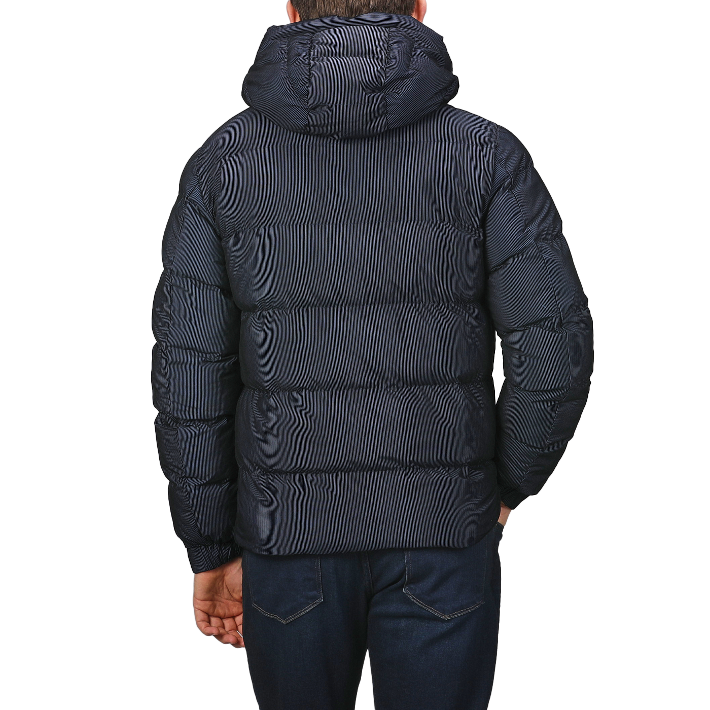 A person wearing an MC2 Saint Barth Navy Blue Technical Padded Maier Jacket, viewed from the back.