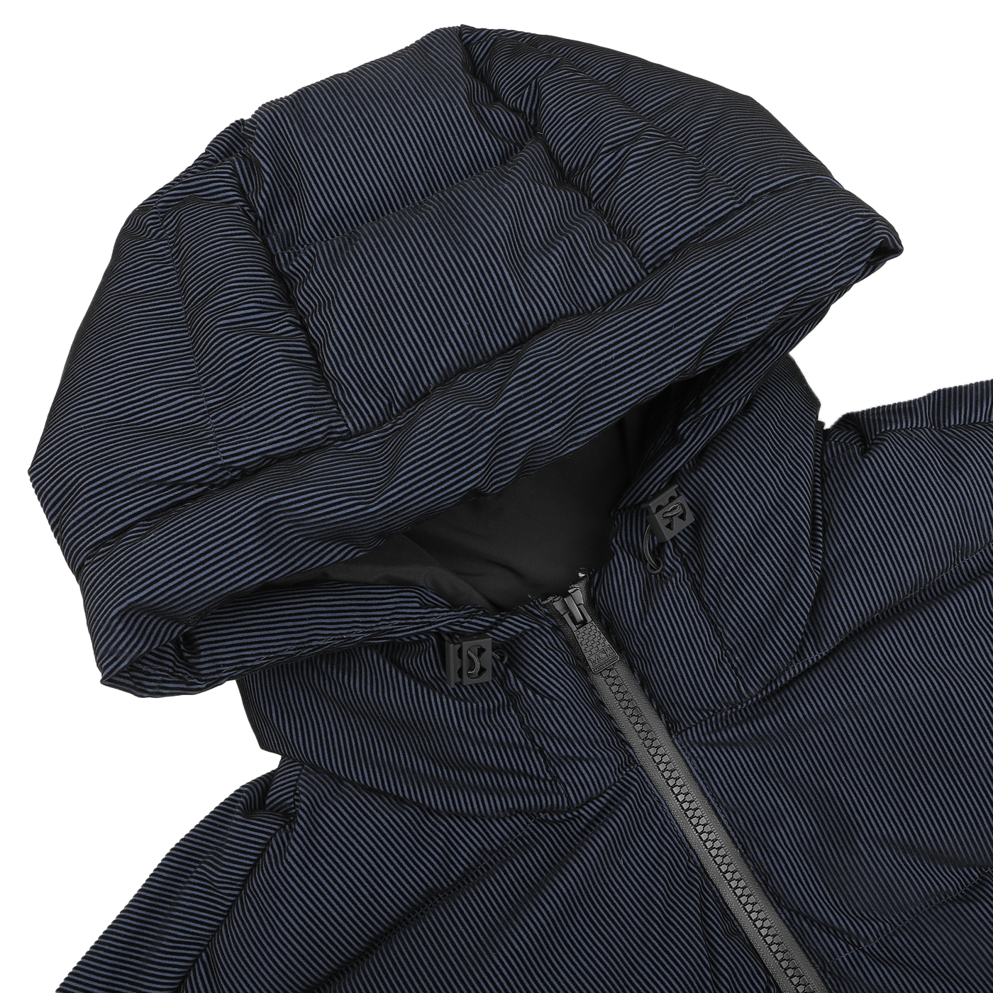 Close-up of the MC2 Saint Barth's stylish Maier jacket in navy blue, featuring a padded design with technical elements, a zippered front, and eco-friendly recycled filling.