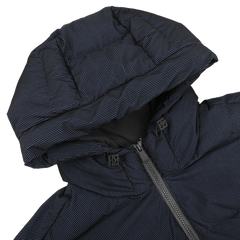 Close-up of the MC2 Saint Barth's stylish Maier jacket in navy blue, featuring a padded design with technical elements, a zippered front, and eco-friendly recycled filling.