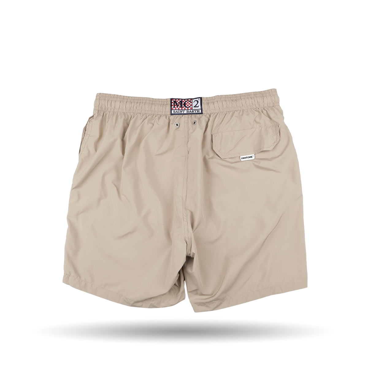 MC2 Saint Barth Safari Beige Pantone 15-1116 Swim Shorts with an elastic waistband, featuring a back pocket adorned with a small logo patch, crafted from quick-drying fabric.