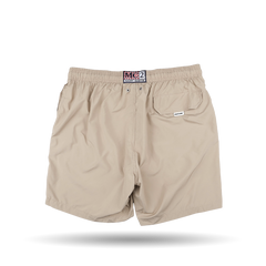 MC2 Saint Barth Safari Beige Pantone 15-1116 Swim Shorts with an elastic waistband, featuring a back pocket adorned with a small logo patch, crafted from quick-drying fabric.