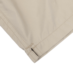 Close-up of the hem of MC2 Saint Barth's Safari Beige Pantone 15-1116 Swim Shorts, highlighting the detailed stitching and bottom edge slit.