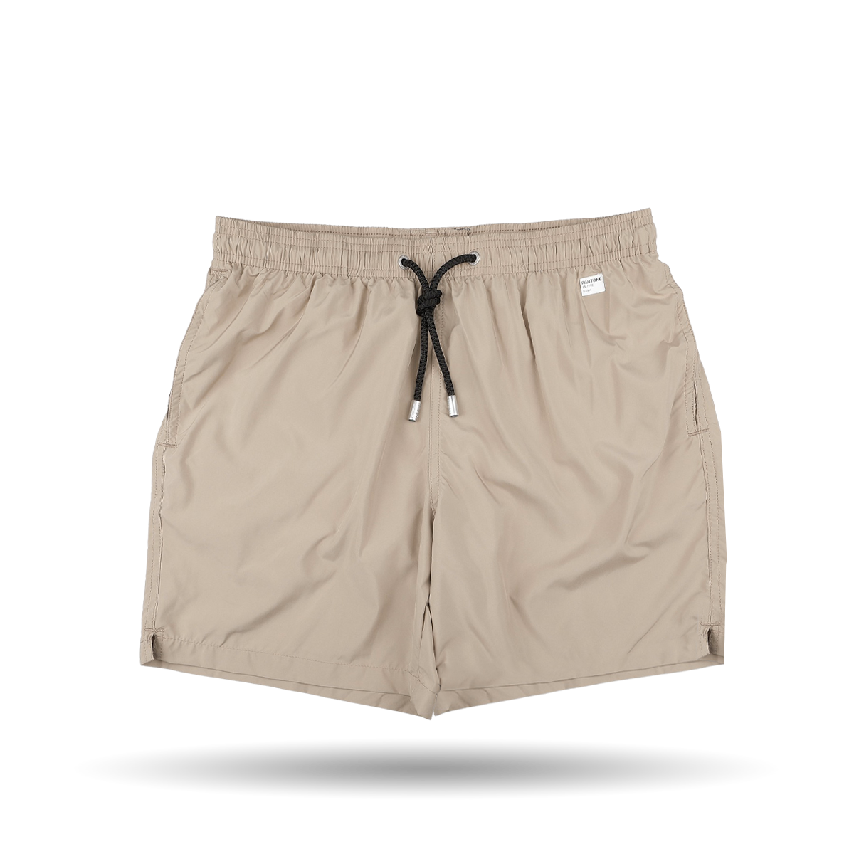 The Safari Beige Pantone 15-1116 Swim Shorts by MC2 Saint Barth are crafted from quick-drying fabric and feature an elastic waistband with side pockets, showcased against a white background.