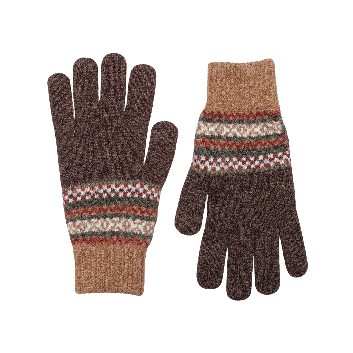 The Brown Lambswool Knitted Gloves by Mackie boast a classic design, highlighted by a striking band of red, green, white, and yellow across the center. These gloves provide both warmth and enduring style.