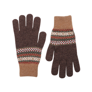 The Brown Lambswool Knitted Gloves by Mackie boast a classic design, highlighted by a striking band of red, green, white, and yellow across the center. These gloves provide both warmth and enduring style.